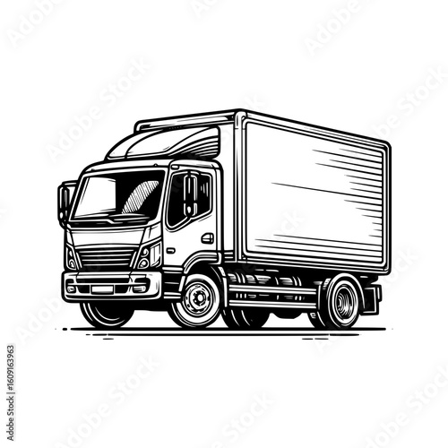 Black and white illustration of a modern delivery truck