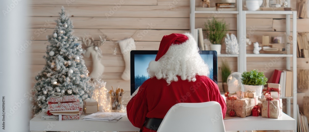 Fototapeta premium The Santa Claus working at a cozy holiday-themed desk in a festive setting.