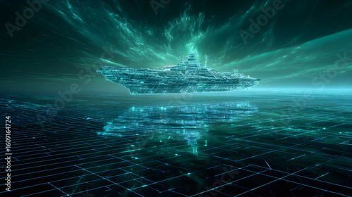 Cyberpunk Warship Hologram: Floating Power Above Digital Ocean Grid in Green-Blue Glow