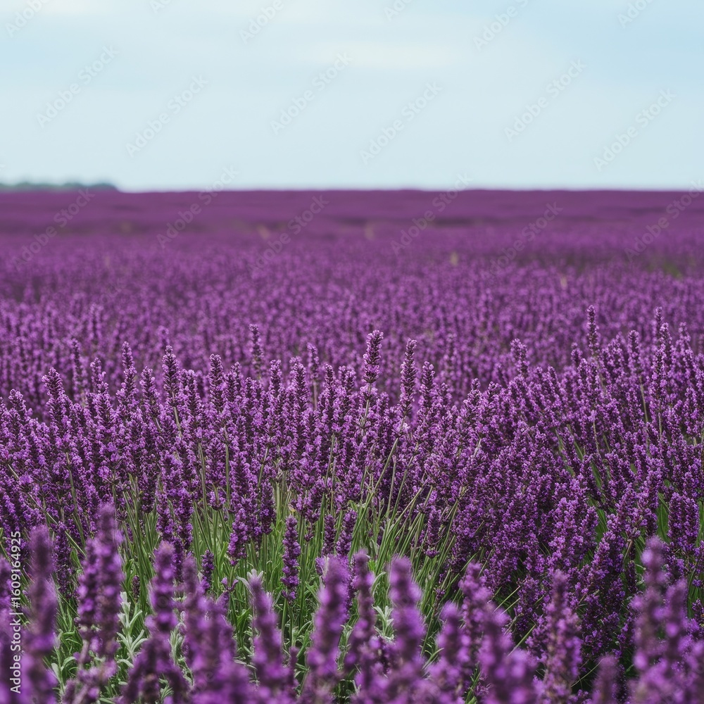 Obraz premium Vibrant lavender field stretches towards a pale sky.