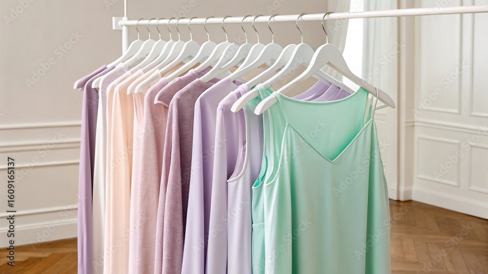 Obraz premium Beautifully draped garments in a serene palette of pastel colors are displayed on a simple white clothing rail. The smooth fabrics and harmonious color gradient evoke feelings of calmness, femininity