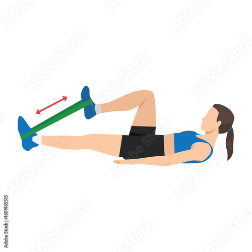 Resistance Band Bicycle Crunch, Core & Leg Toning. Flat vector illustration isolated on white background