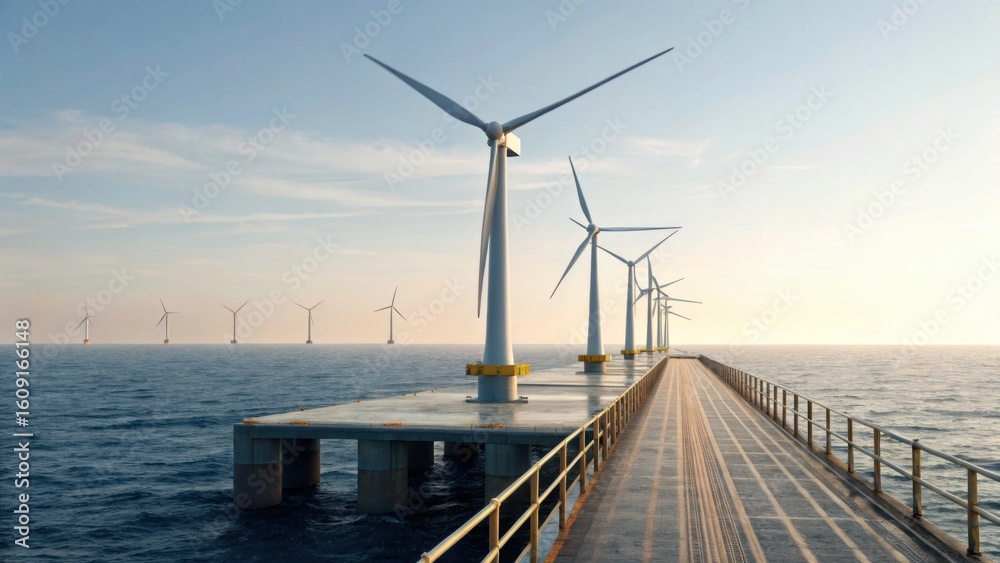 Fototapeta premium A row of offshore wind turbines stretches into the distance, viewed from a pier extending over the ocean under a clear sky at sunset.