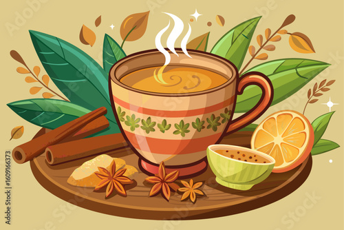 vector of Indian tea culture: a light background with a simple brown cup with aromatic chai masala...