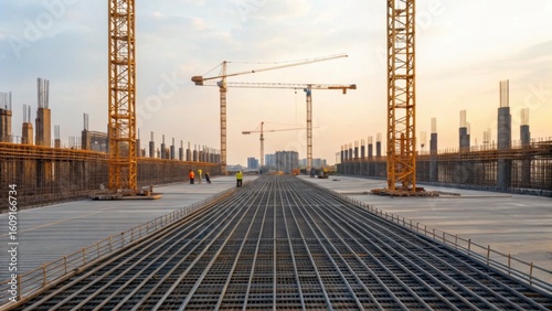 A large construction site with steel rebar laid out for foundation work, surrounded by cranes and workers during sunset.