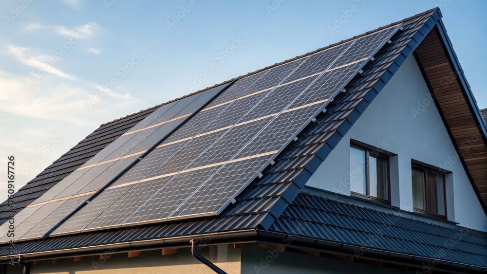 Fototapeta premium A modern house roof with large solar panels installed, capturing sunlight for sustainable energy.