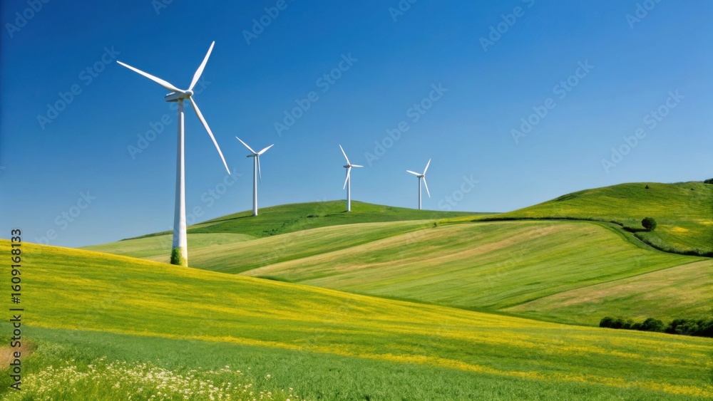 Fototapeta premium Wind turbines stand tall on rolling green hills under a clear blue sky, symbolizing clean and sustainable energy.