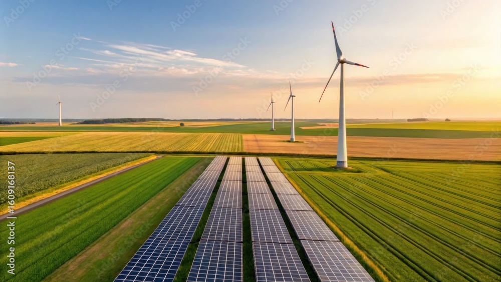 Obraz premium Aerial view of a renewable energy farm featuring solar panels and wind turbines in green agricultural fields under a clear sky.