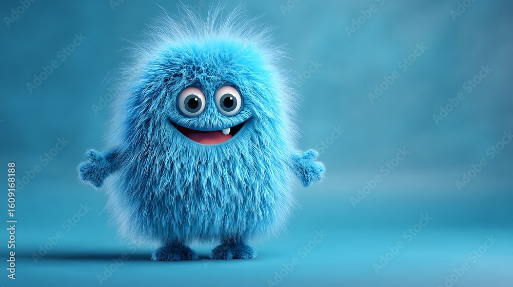 Obraz premium Cute blue furry monster in 3D cartoon style with playful expression and round body for character design