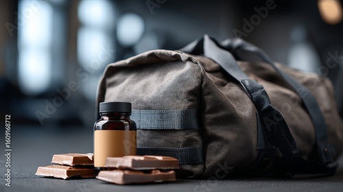 Duffel bag with chocolate bars and supplement bottle in gym setting