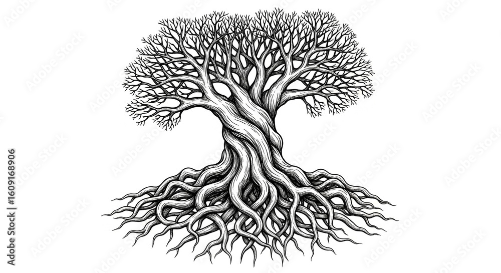 Fototapeta premium Majestic twisted tree with intricate roots, symbolizing life, growth, and strength