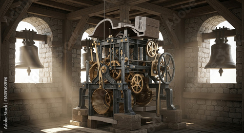 Antique clock tower mechanism with bells and gears in sunlit stone belfry