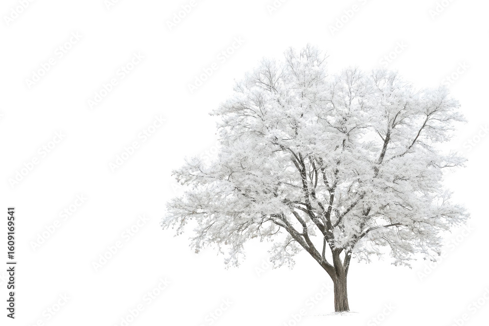Fototapeta premium Alone Tree Covered In White Frost And Snow, Winter Scene
