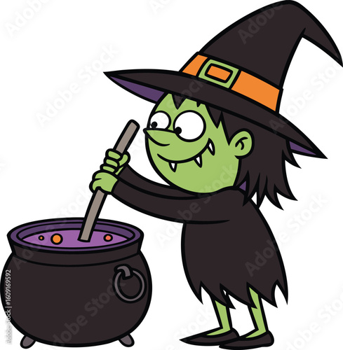 cartoon witch stirring a purple magic potion in a cauldron
