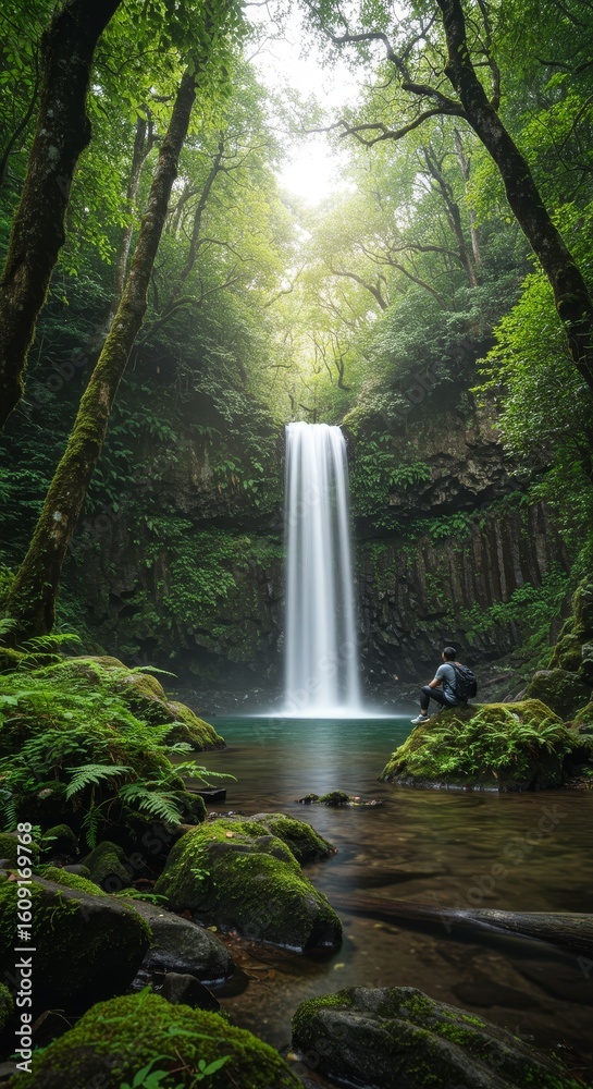 Obraz premium Solitary hiker contemplates a cascading waterfall in a lush forest.