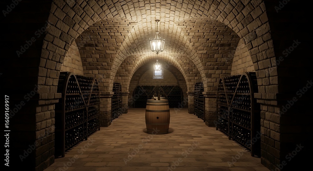 Fototapeta premium A dimly lit underground wine cellar with arched stone vaults, racks of bottles, and a wooden barrel.