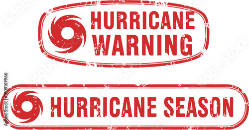 Red hurricane warning rubber stamp set, distressed hurricane season alert seals, weathered tropical storm emergency icons in EPS format