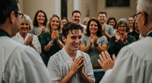 A smiling young man joyfully participates in a Christian baptism ceremony, surrounded by clapping and happy church community members.