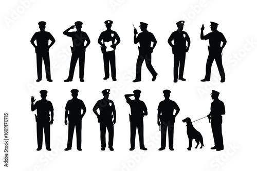 Silhouette police officers with dog and radio black and white law enforcement