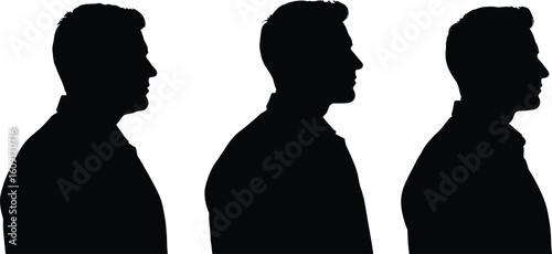 Three male profile silhouettes, side view heads, black figures on white background, minimalist design concept, identity illustration, vector art, anonymous shape