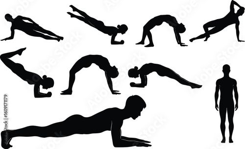 Silhouette workout poses, body stretching, fitness exercise, yoga training, physical activity, strength building, health focus, wellness movement, active lifestyle