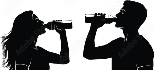 Silhouette of people drinking water, hydration illustration, healthy lifestyle concept, black and white artwork, beverage consumption, wellness, liquid intake, refreshment