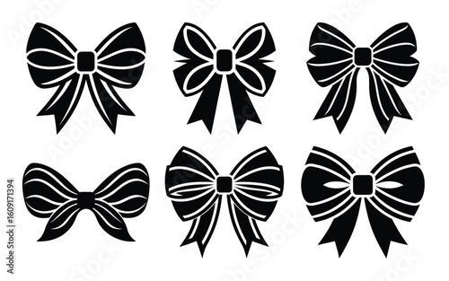 Collection of Decorative Bows in Silhouette on Transparent Background