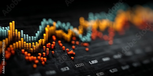 Colorful 3d bar chart visualization with glowing data columns on a dark digital background financial