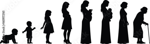 Life stages of a woman, silhouette design, human growth progression, generational timeline concept, aging journey, motherhood, childhood, elderly transformation