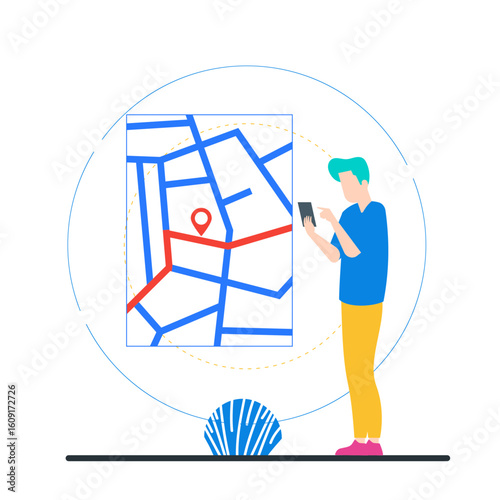 E Hailing. Man using smartphone with navigation map isolated on transparent background