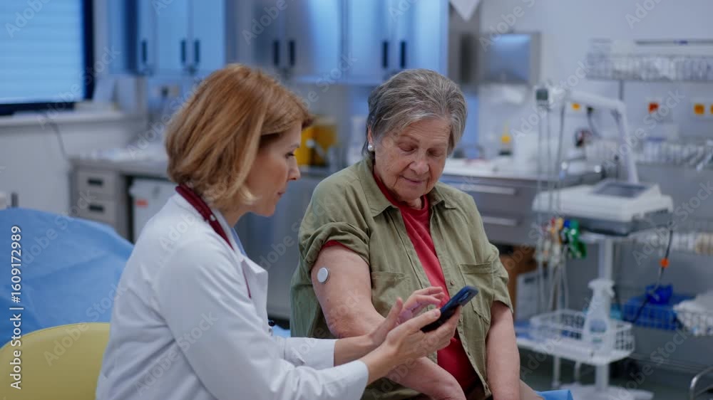 Endocrinologist teaching older patient how to connect continuous glucose monitor with mobil app.