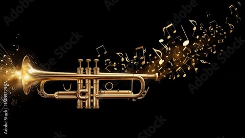 Golden trumpet with musical notes
