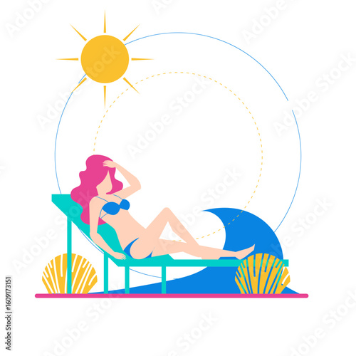 Beach. Woman sunbathing on a beach chair near the ocean isolated on transparent background