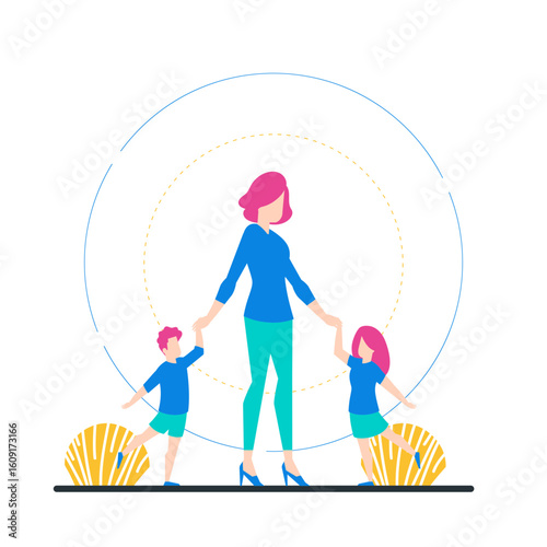 Child Care. Mother holding hands with two children walking together isolated on transparent background