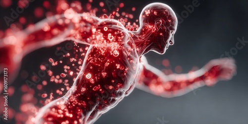 Futuristic running human figure with glowing red circulatory system and digital particles representing energy and motion