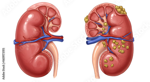 Medical illustration depicts a healthy kidney and a kidney afflicted with kidney stones, showing internal anatomy.