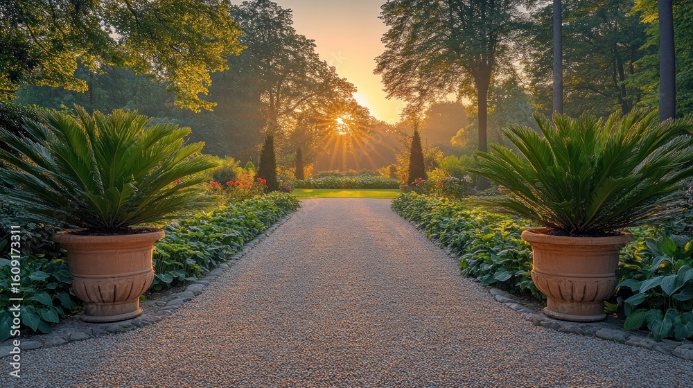 Obraz premium Sunlit garden path at dawn