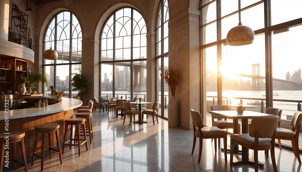 Fototapeta premium Urban Calm: A Café Interior Framed by a Beautiful Bridge for architectural visualization, co-working space ads, or commercial space listings, high-end real estate brochure