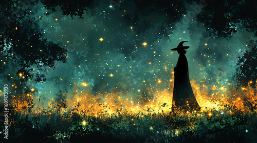 Enchantress in a Firefly Forest at Night