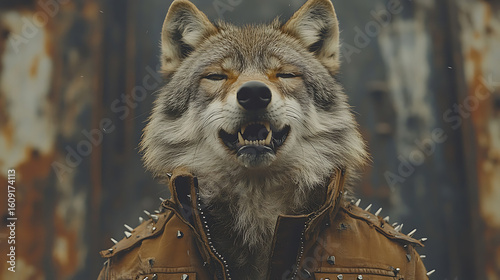 Edgy Wolf in Brown Leather Jacket - Urban Wildlife Fashion