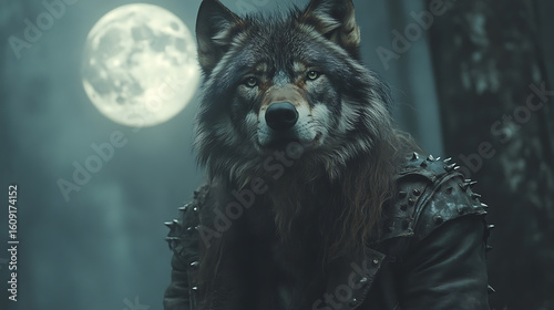 Wolf Man Under the Full Moon Mystical Creature in Leather Jacket