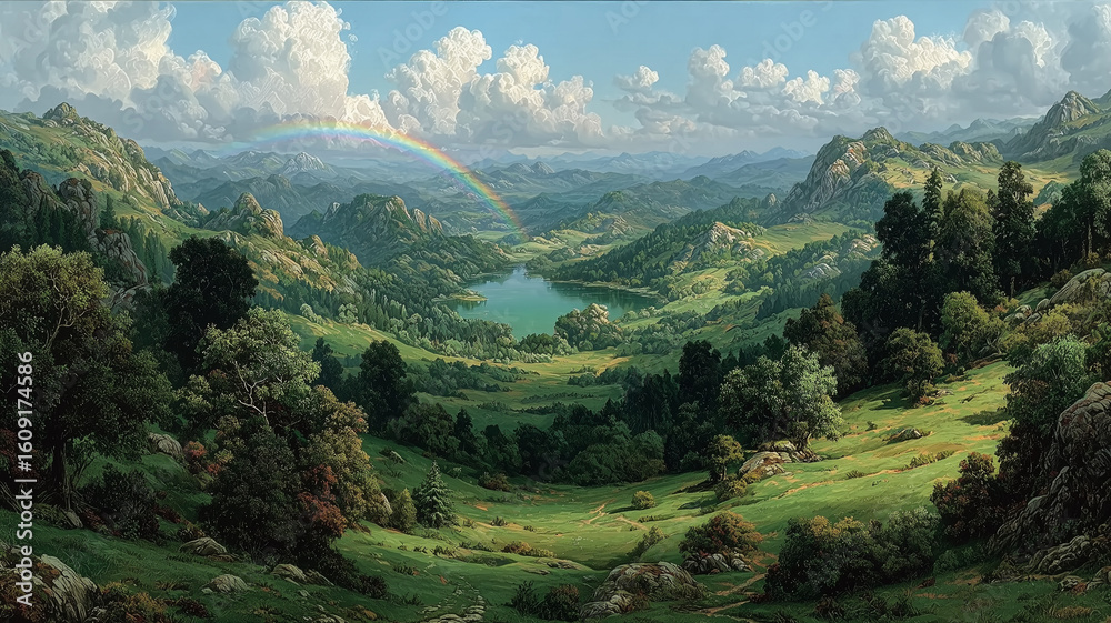 Fototapeta premium 美しい虹と広がる緑の丘・自然に包まれた牧歌的な村の風景・光に照らされた田園と青空・油彩風で描かれた高精細な山岳風景のイラスト・自然アート背景