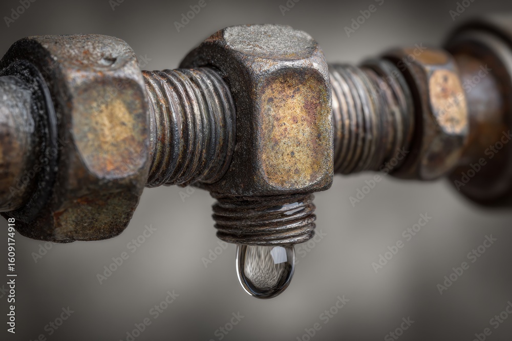Rusted bolt drips water from corroded metal pipe joint Rusted bolt drips water from corroded metal pipe joint