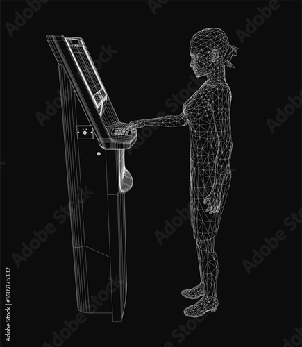 A 3D wireframe model of a young woman stands in front of a computer terminal resembling a treadmill, set against a black background. She interacts with the futuristic banking interface using precise.