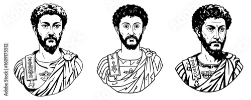 Emperor Marcus Aurelius of Rome vector illustration set. simple black and white vector portrait of roman emperor Marcus Aurelius. Line drawing of Marcus Aurelius Antoninus