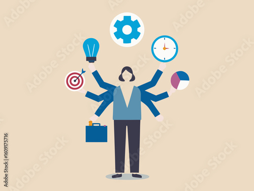 Multitasking business person with various work elements