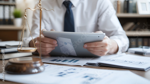Justice, reading and tablet with lawyer man in office for court case preparation or litigation. Information legal and research with attorney person in workplace for law firm prosecution or trial