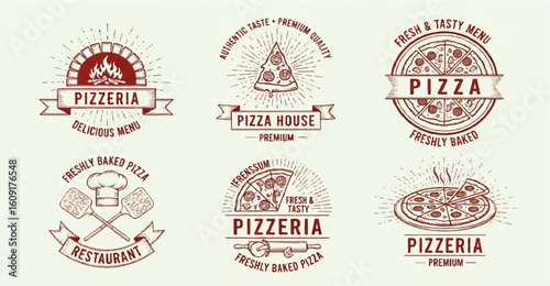 Pizzeria logo designs with text "Authentic taste, Premium quality", "Fresh & Tasty Menu"