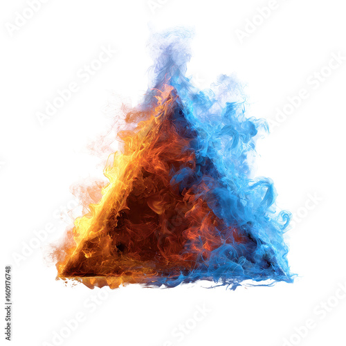 Colorful flame triangle with blue and orange hues swirling together, creating a dramatic visual effect