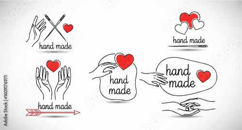 Hand Drawn Line Art 'Hand Made' Vector Labels, Icons, and Badges Collection with Hearts